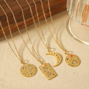 1 Piece Classic Retro Style Round Shape Stainless Steel  Gold Color Inlay Rhinestones Women's Pendant Necklaces h5 